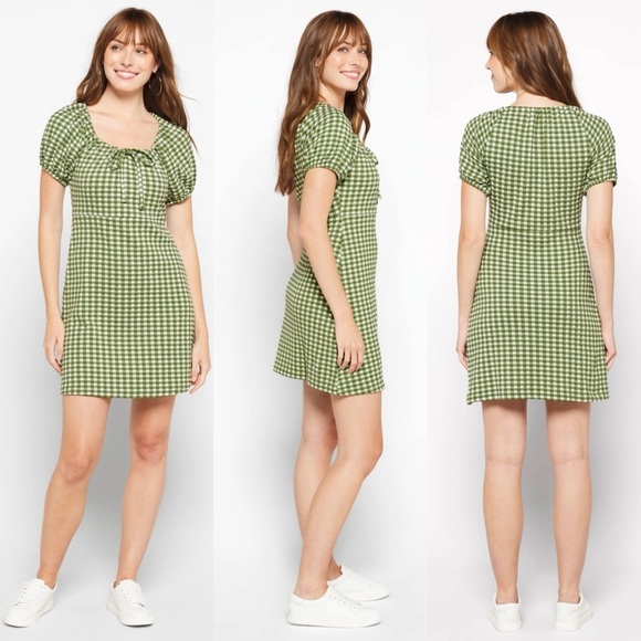 Madewell Dresses & Skirts - Madewell Jacquard Puff Sleeve Mini Dress in Gingham Check, Green - Size M